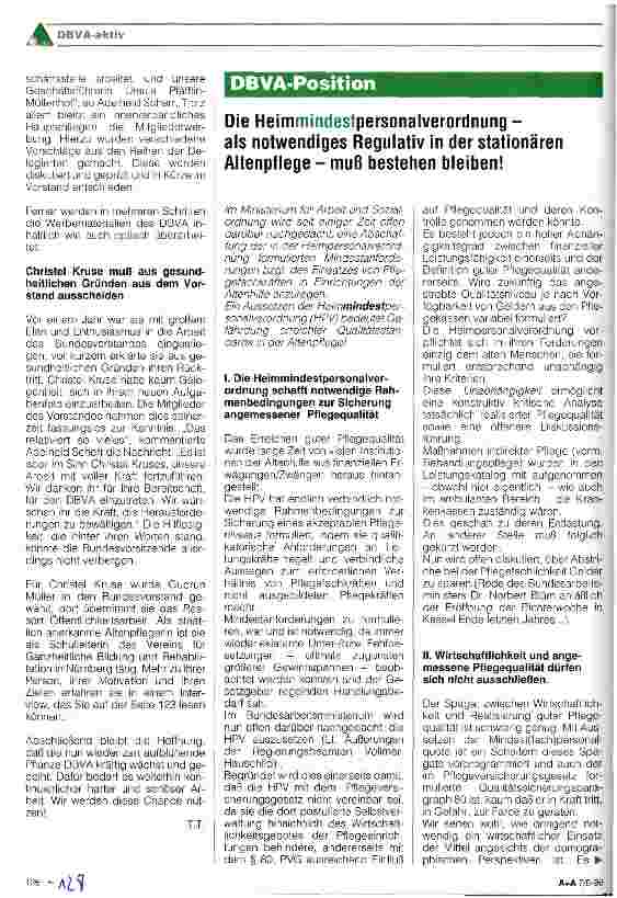 Vorschauseite 1: Die Heimmindestpersonalverordnung - als notwendiges Regulativ in der stationären Altenpflege - muß bestehen bleiben!