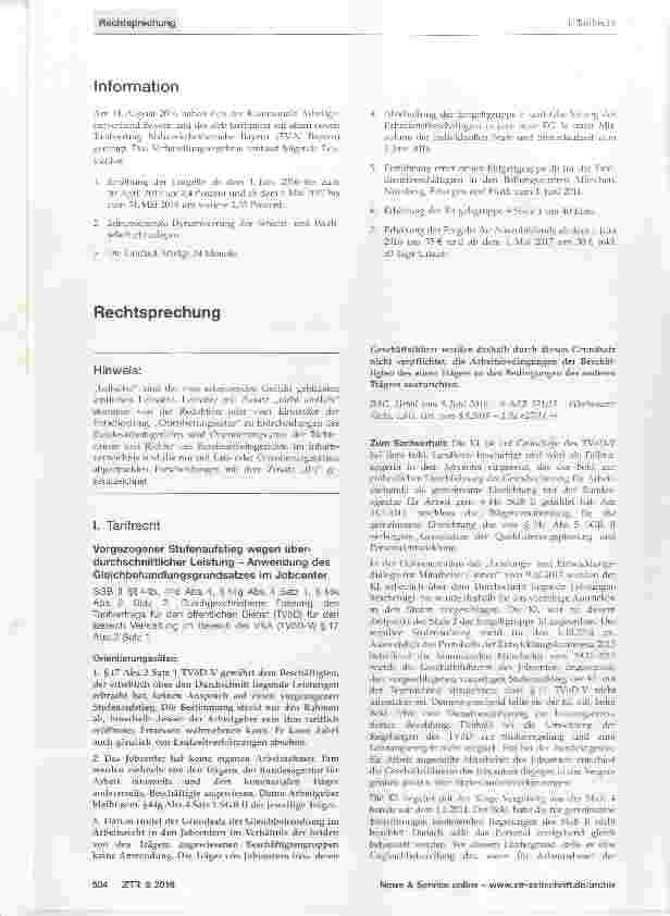 Vorschauseite 1: Vorgezogener Stufenaufstieg wegen überdurchschnittlicher Leistung Anwendung des Gleichbehandlungsgrundsatzes im Jobcenter