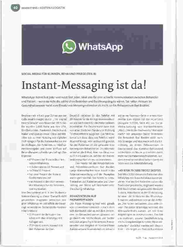 Vorschauseite 1: SOCIAL MEDIA FÜR KLINIKEN, REHA UND PFLEGE (TEIL 8) Instant-Messaging ist da!