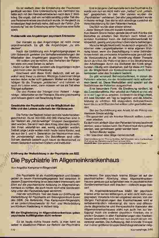 Vorschauseite 1: Die Psychiatrie im Allgemeinkrankenhaus Eröffnung der Weiterbildung in der Psychiatrie am BZE
