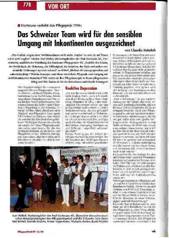 Vorschauseite 1: Das Schweizer Team wird für den sensiblen Umgang mit Inkontinenten ausgezeichnet - Hartmann verleiht den Pflegepreis 1996