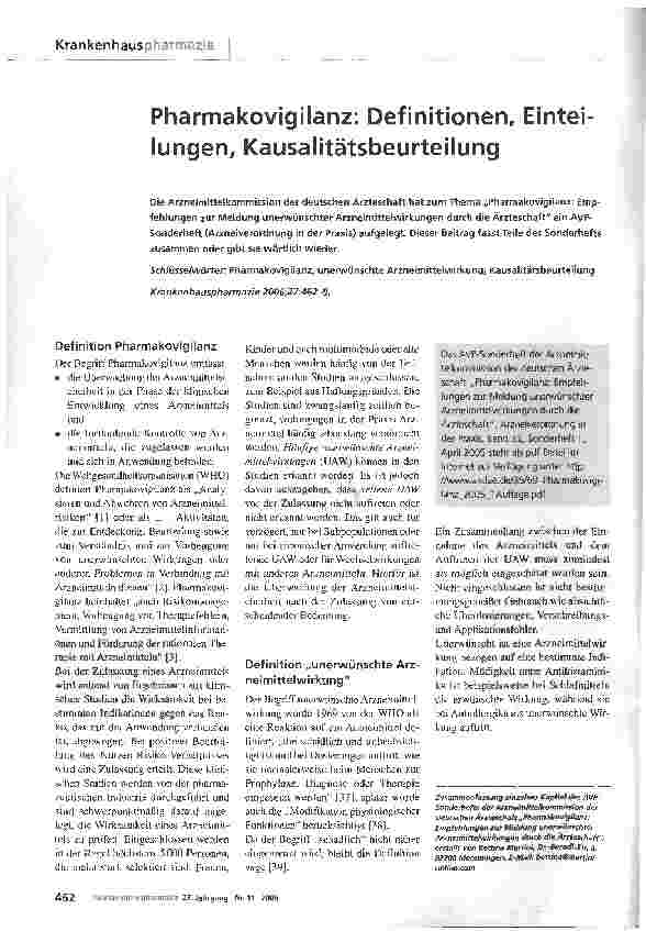 Vorschauseite 1: Pharmakovigilanz: Definitionen, Einteilungen, Kausalitätsbeurteilung
