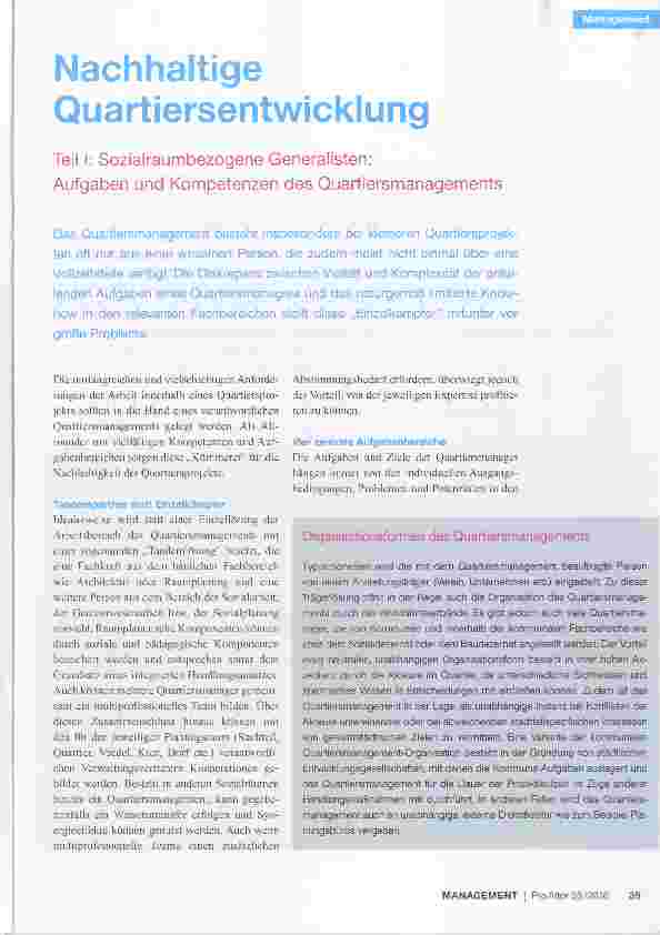 Vorschauseite 1: Nachhaltige Quartiersentwicklung Teil I: Sozialraumbezogene Generalisten: Aufgaben und Kompetenzen des Quartiersmanagements