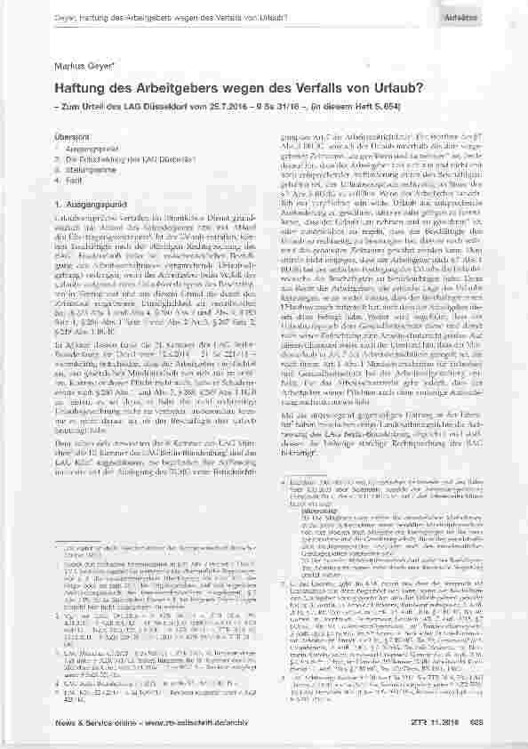 Vorschauseite 1: Haftung des Arbeitgebers wegen des Verfalls von Urlaub?