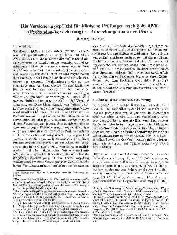 Vorschauseite 1: Die Versicherungspflicht für klinische Prüfungen nach § 40 AMG (Probanden-Versicherung) - Anmerkungen aus der Praxis - zugelassenen Indikation?