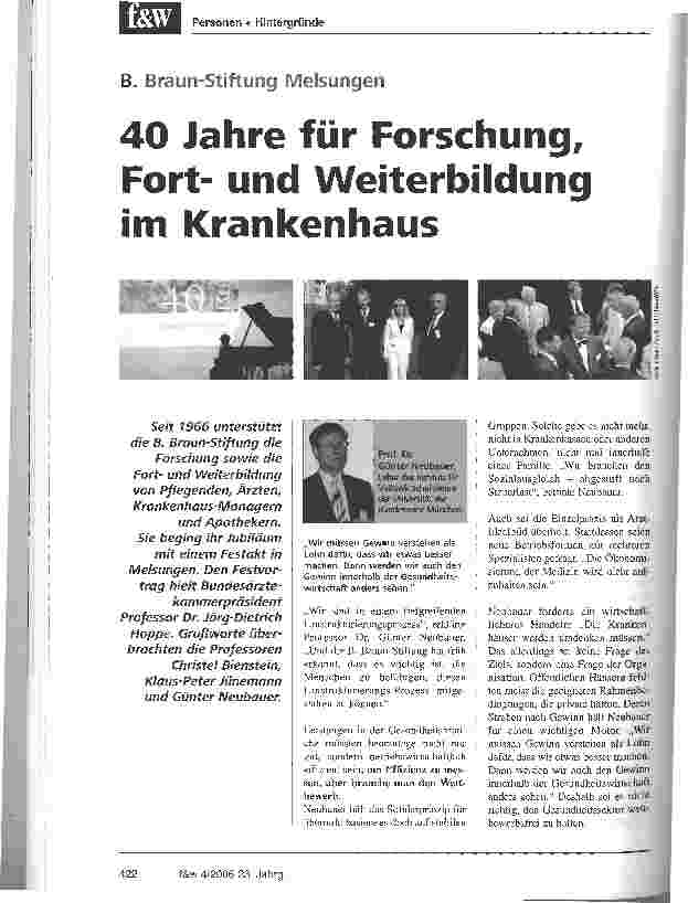 Vorschauseite 1: B. Braun-Stiftung Melsungen40 Jahre für Forschung, Fortund Weiterbildung im Krankenhaus