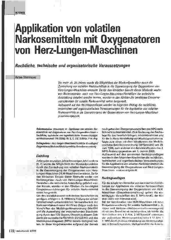 Vorschauseite 1: Applikation von volatilen Narkosemitteln mit Oxygenatoren von Herz-Lungen-Maschinen. Rechtliche, technische und organisatorische Voraussetzungen