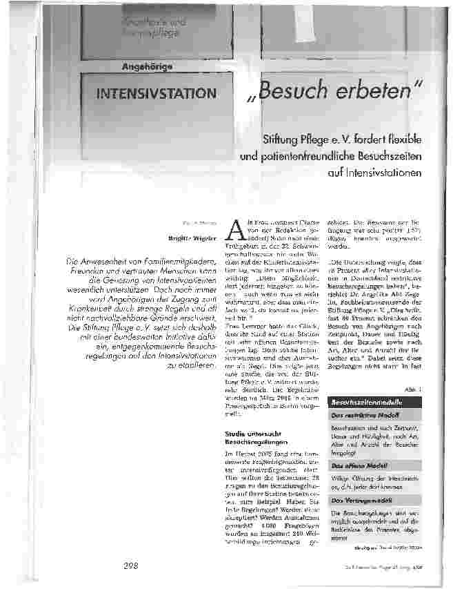 Vorschauseite 1: Besuch erbetenStiftung Pflege e.V. fordert flexible und patientenfreundliche Besuchszeiten auf Intensivstationen