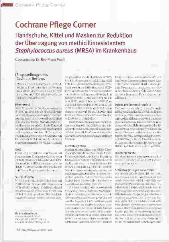 Vorschauseite 1: Cochrane Pflege Corner Handschuhe, Kittel und Masken zur Reduktion der Übertragung von methicillinresistentem Staphylococcus aureus (MRSA) im Krankenhaus