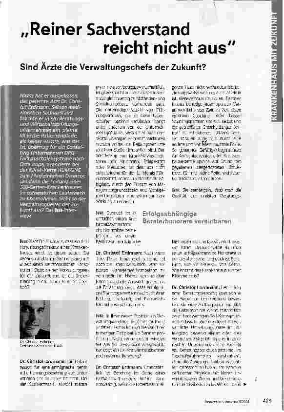 Vorschauseite 1: Reiner Sachverstand reicht nicht ausSind Ärzte die Verwaltungschefs der Zukunft?