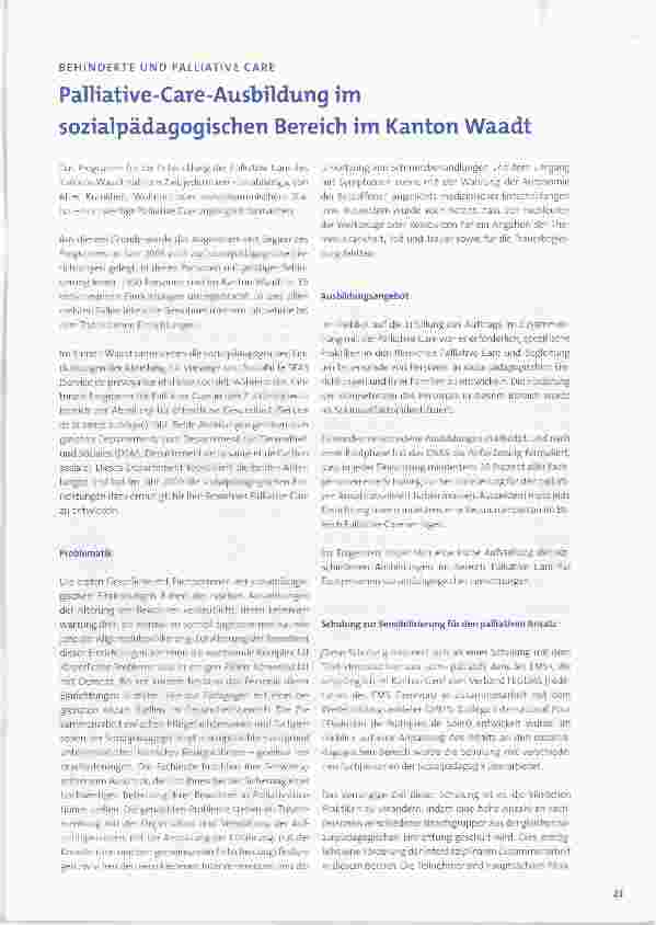 Vorschauseite 1: Palliative-Care-Ausbildung im sozialpädagogischen Bereich im Kanton Waadt