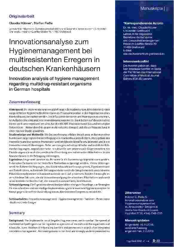 Vorschauseite 1: Innovationsanalyse zum Hygienemanagement bei multiresistenten Erregern in deutschen Krankenhäusern
