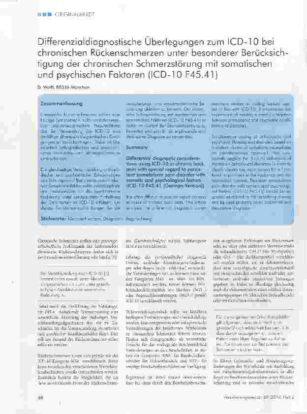 Vorschauseite 1: Differenzialdiagnostische Überlegungen zum ICD-10 bei chronischen Rückenschmerzen unter besonderer Berücksichtigung der chronischen Schmerzstörung mit somatischen und psychischen…