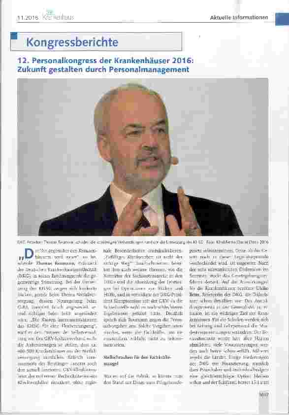 Vorschauseite 1: Kongressberichte 12. Personalkongress der Krankenhäuser 2016: Zukunft gestalten durch Personalmanagement