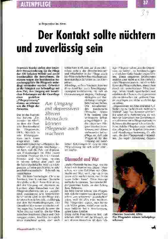 Vorschauseite 1: Der Kontakt sollte nüchtern und zuverlässig sein Depression im Alter