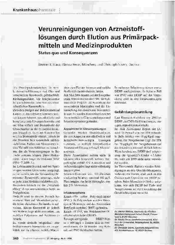 Vorschauseite 1: Verunreinigungen von Arzneistofflösungen durch Elution aus Primärpackmitteln und Medizinprodukten