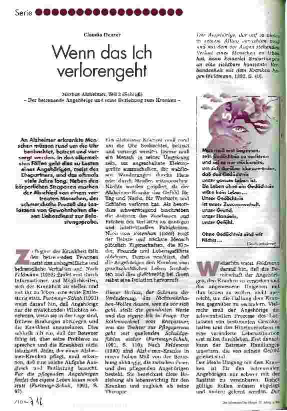 Vorschauseite 1: Wenn das Ich verlorengeht -Morbus Alzheimer,Teil 3 (Schluß) Der betreuende Angehörige und seine Beziehung zum Kranken
