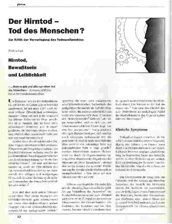 Vorschauseite 1: Der Hirntod - Tod eines Menschen? Zur Kritik der Vorverlegung des Todeszeitpunktes Hirnotd, Bewußtsein und Leiblichkeit