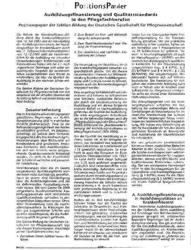 Vorschauseite 1: Positionspapier - Ausbildungsfinanzierung und Qualitätsstandards in den Pflegefachberufen