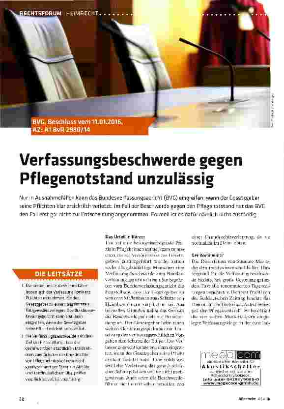 Vorschauseite 1: Verfassungsbeschwerde gegen Pflegenotstand unzulässig