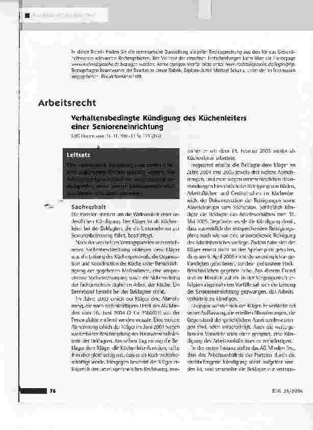 Vorschauseite 1: Verhaltensbedingte Kündigung des Küchenleiters einer Senioreneinrichtung