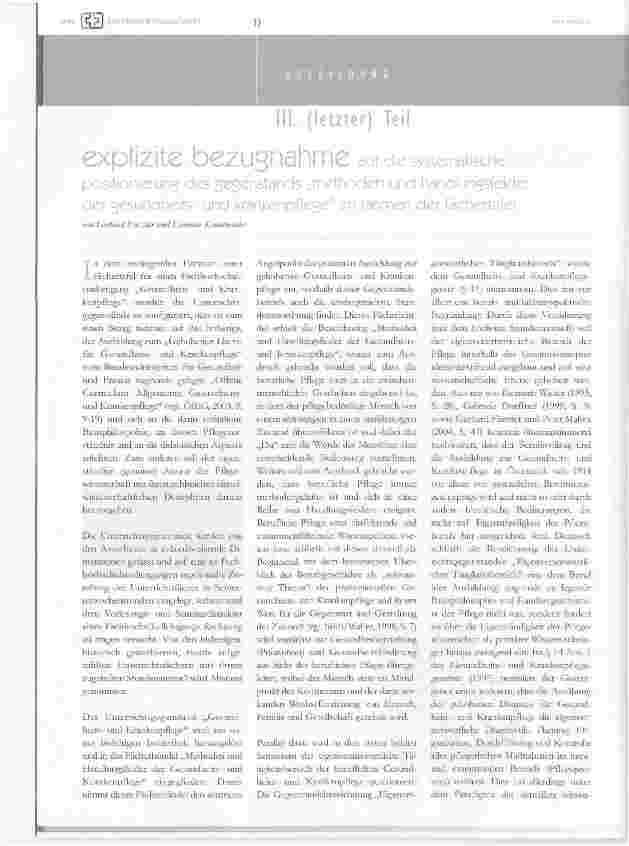 Vorschauseite 1: Explizite Bezugnahme auf die systematischePositionierung des Gegenstands Methoden und Handlungsfelder der Gesundheitsund Krankenpflege im Rahmen der Fächertafel III. (letzter) Teil