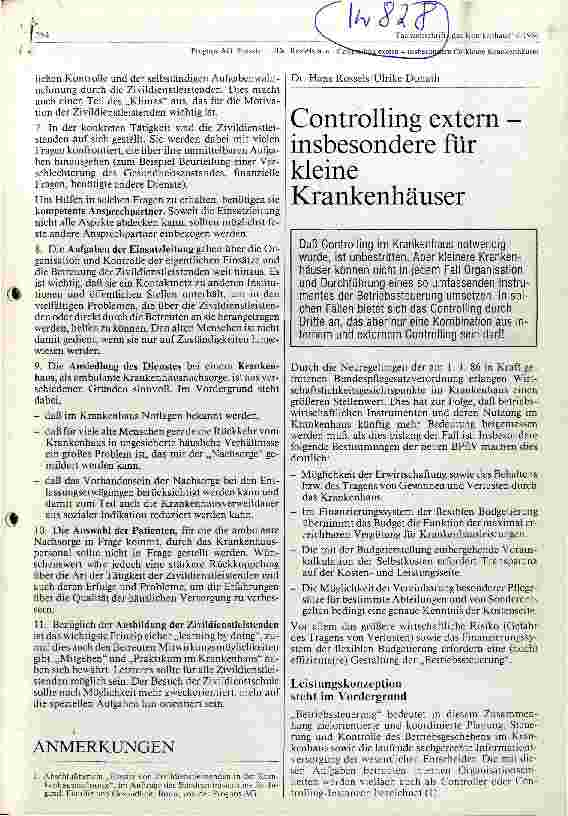Vorschauseite 1: Controlling extern - insbesondere für kleine Krankenhäuser