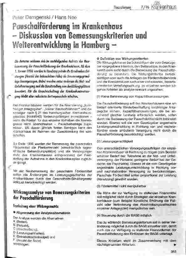 Vorschauseite 1: Pauschalförderung im Krankenhaus - Diskussion von Bemessungskriterien und Weiterentwicklung in Hamburg -