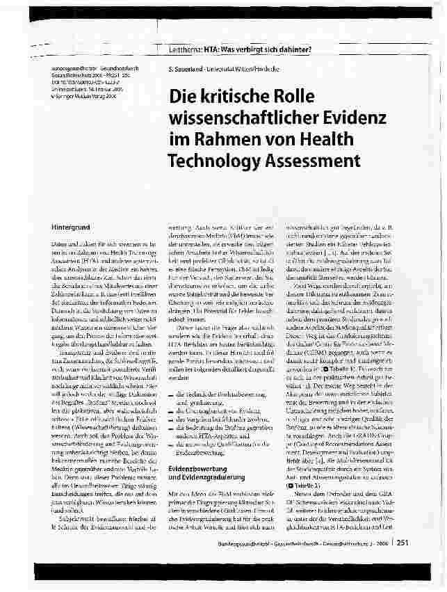 Vorschauseite 1: Die kritische Rolle wissenschaftlicher Evidenz im Rahmen von Health Technology Assessment