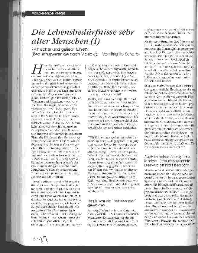 Vorschauseite 1: Die Lebensbedürfnisse sehr alter Menschen (1) Sich sicher und geliebt fühlen (Bedürfnispyramide nach Maslow)