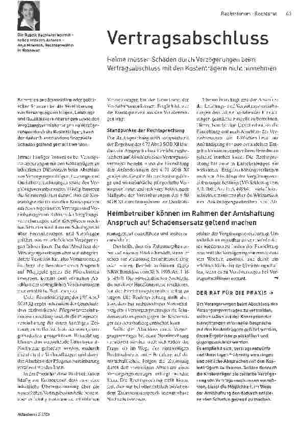 Vorschauseite 1: Vertragsabschluss, Heime müssen Schäden durch Verzögerungen beim Vertragsabschluss mit den Kostenträgern nicht hinnehmen.