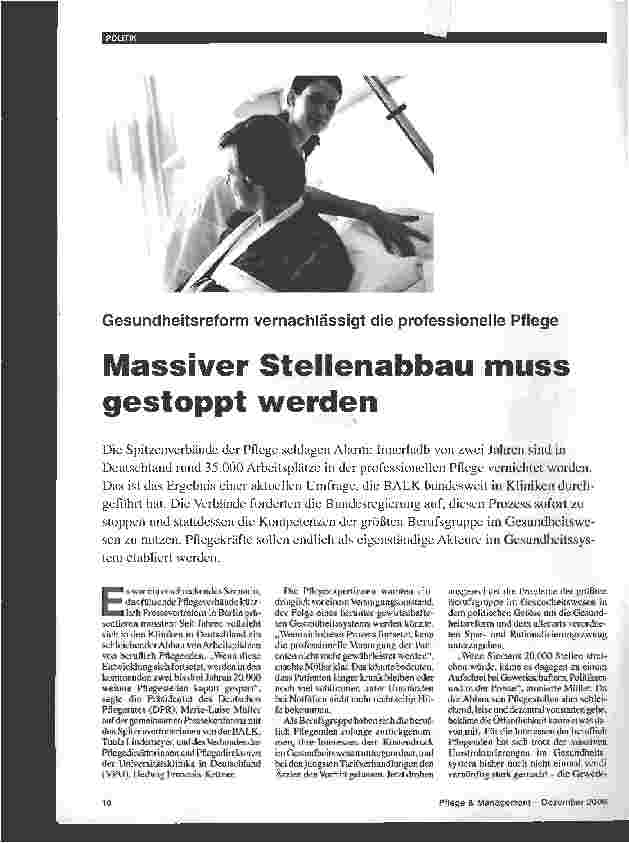 Vorschauseite 1: Gesundheitsreform vernachlässigt die professionelle PflegeMassiver Stellenabbau muss gestoppt werden