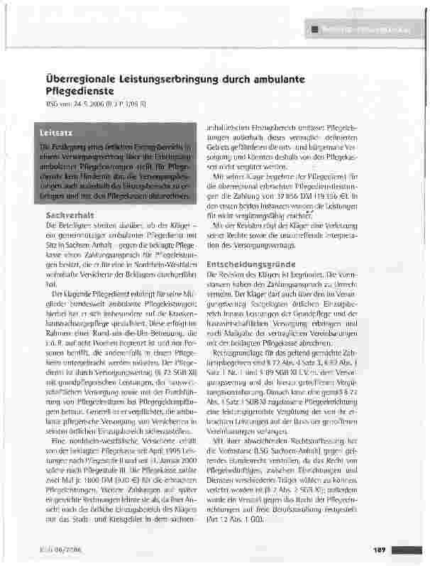 Vorschauseite 1: Überregionale Leistungserbringung durch ambulante PflegediensteBSG vom 24. 5.2006 (B 3 P 1 /05 R)