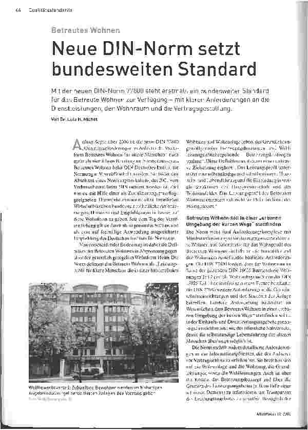 Vorschauseite 1: Betreutes Wohnen - Neue DIN-Norm setzt bundesweiten Standard