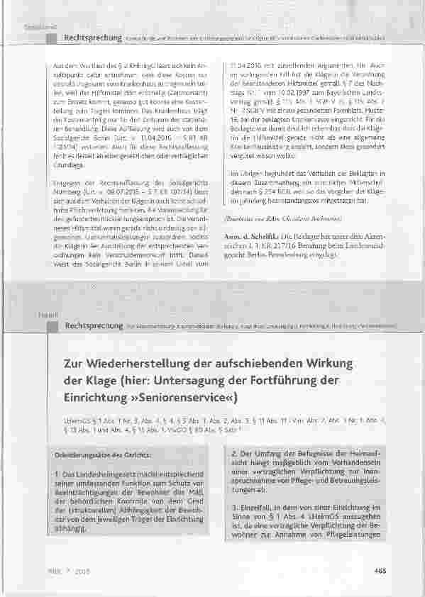 Vorschauseite 1: Zur Wiederherstellung der aufschiebenden Wirkung der Klage (hier: Untersagung der Fortführung der Einrichtung »Seniorenservice«)
