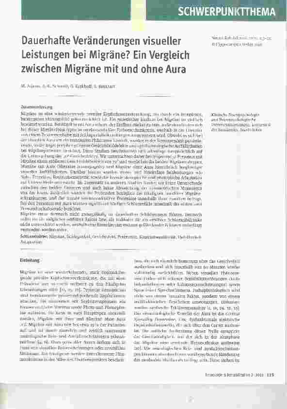 Vorschauseite 1: Dauerhafte Veränderungen visueller Leistungen bei Migräne? Ein Vergleich zwischen Migräne mit und ohne Aura