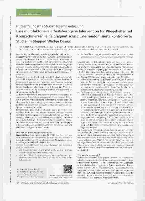 Vorschauseite 1: Eine multifaktorielle arbeitsbezogene Intervention für Pflegehelfer mit Kreuzschmerzen: eine pragmatische clusterrandomisierte kontrollierte Studie im Stepped Wedge Design