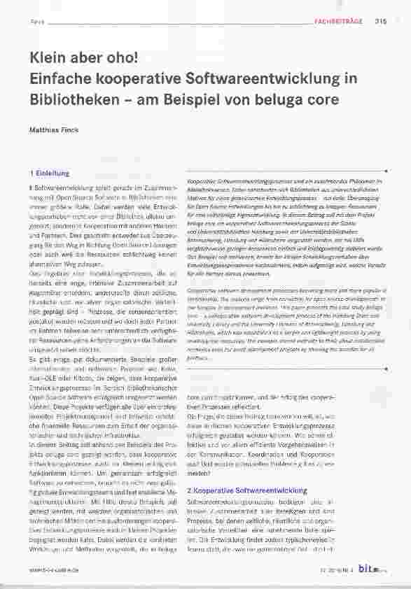 Vorschauseite 1: Klein aber oho!Einfache kooperative Softwareentwicklung in Bibliotheken am Beispiel von beluga core