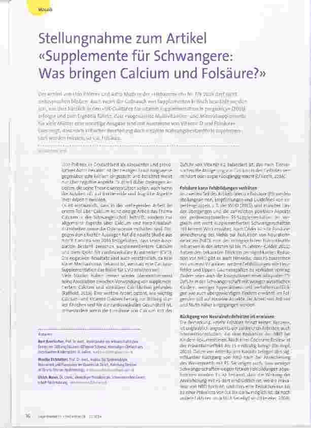 Vorschauseite 1: Stellungnahme zum Artikel «Supplemente für Schwangere: Was bringen Calcium und Folsäure?