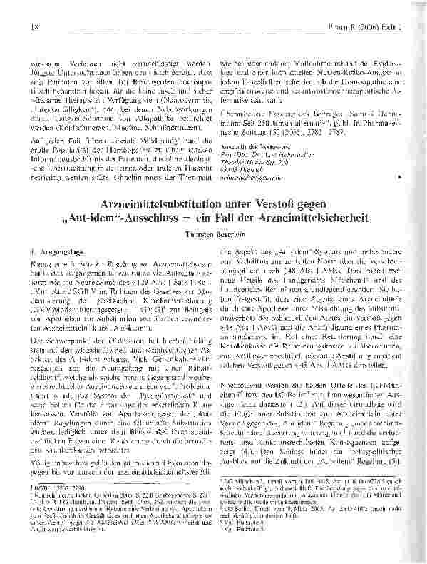 Vorschauseite 1: Arzneimittelsubstitution unter Verstoß gegen Aut-idem-Ausschluss - ein Fall der Arzneimittelsicherheit