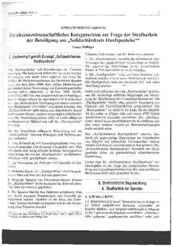 Vorschauseite 1: Strafrechtswissenschaftliches Kurzgutachten zur Frage der Strafbarkeit der Beteiligung am Solidaritätskreis Hanfapotheke*