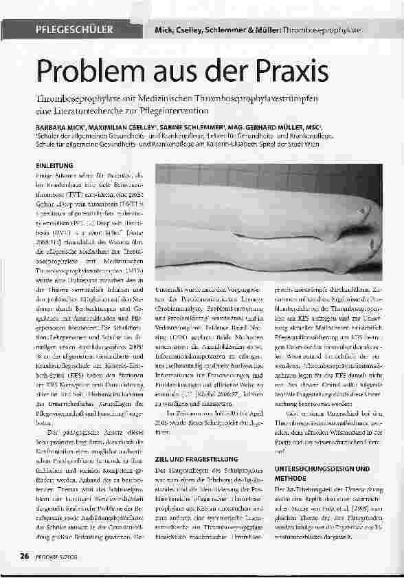 Vorschauseite 1: Problem aus der Praxis - Thromboseprophyiaxe mit Medizinischen Thromboseprophylaxestrümpfen -eine Literaturrecherche zur Pflegeintervention