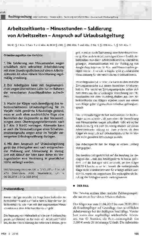 Vorschauseite 1: Arbeitszeitkonto - Minusstunden - Saldierung von Arbeitszeiten - Anspruch auf Urlaubsabgeltung