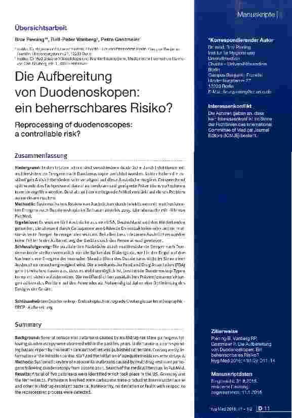 Vorschauseite 1: Die Aufbereitung von Duodenoskopen: ein beherrschbares Risiko?