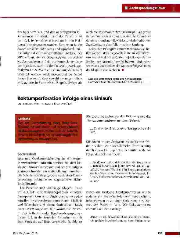 Vorschauseite 1: Rektumperforation infolge eines Einlaufs LG Hamburg vom 14.8.201 5 (303 0 94/12)