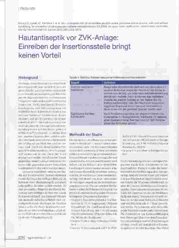Vorschauseite 1: Hautantiseptik vor ZVK-Anlage: Einreiben der Insertionsstelle bringt keinen Vorteil