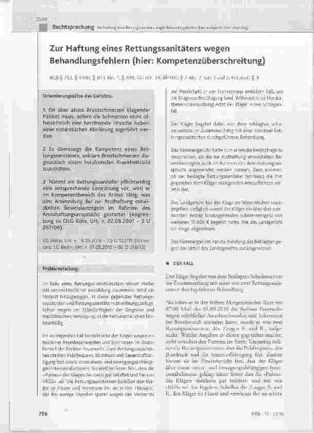 Vorschauseite 1: Zur Haftung eines Rettungssanitäters wegen Behandlungsfehlern (hier: Kompetenzüberschreitung)