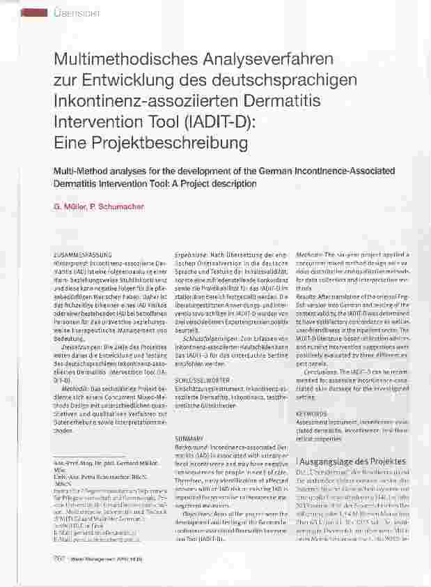 Vorschauseite 1: Multimethodisches Analyseverfahren zur Entwicklung des deutschsprachigen Inkontinenzassoziierten Dermatitis Intervention Tool (lADIT-D): Eine Projektbeschreibung
