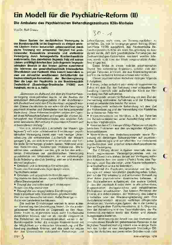Vorschauseite 1: Ein Modell für die Psychiatrie-Reform (II) Die Ambulanz des Psychiatrischen Behandlungszentrums Köln-Merheim