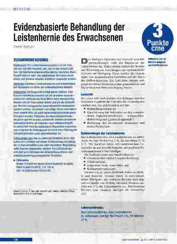 Vorschauseite 1: Evidenzbasierte Behandlung der Leistenhernie des Erwachsenen